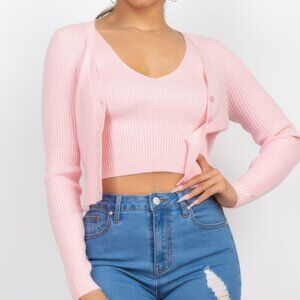 Ladies Pink 2pc Cardigan Sweater & crop tank set size Large New